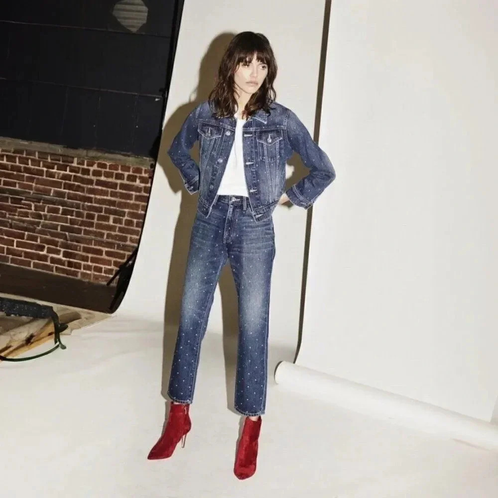 Current Elliott The Vintage Studded Cropped Straight Leg Jeans Dark Wash Blue 26